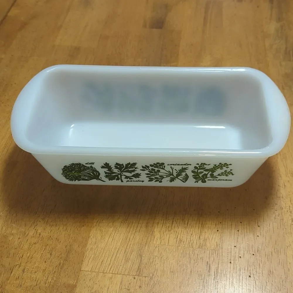 Glasbake Vintage 1960s J522 1.5 Quart Milk Glass Loaf Pan Green Herb Pattern